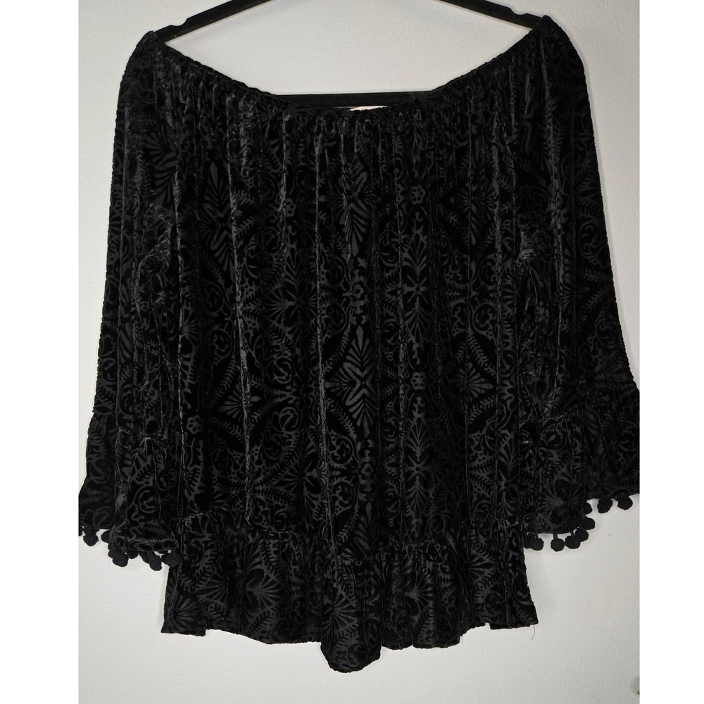 Black Velvet Burnout Blouse XL Gothic Whimsigoth Stevie Nicks Boho - Picture 2 of 7